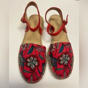Talbots Sandals Womens 7.5 Red Floral‎ Toe Braided Ankle Strap Cushion Flat